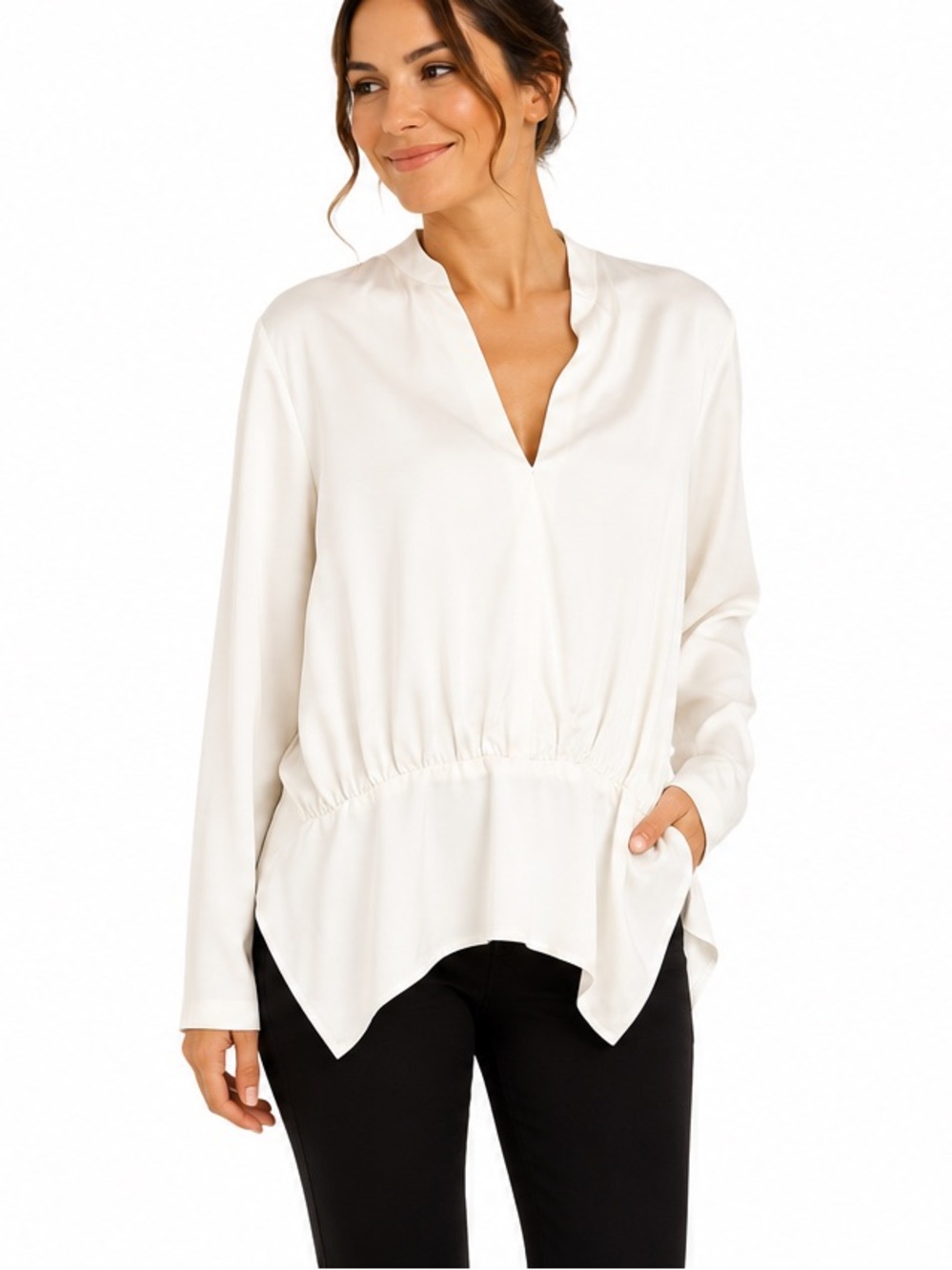 Melissa Nepton Ivory Satin Surplice Peplum Blouse XL NWT Long Sleeve